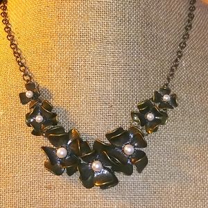 Signed Plunder Rose and Faux Pearls Necklace